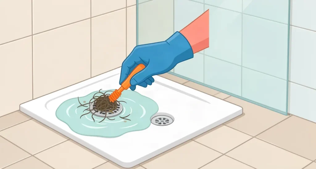 Main gantée retirant un bouchon de cheveux dans une bonde de douche