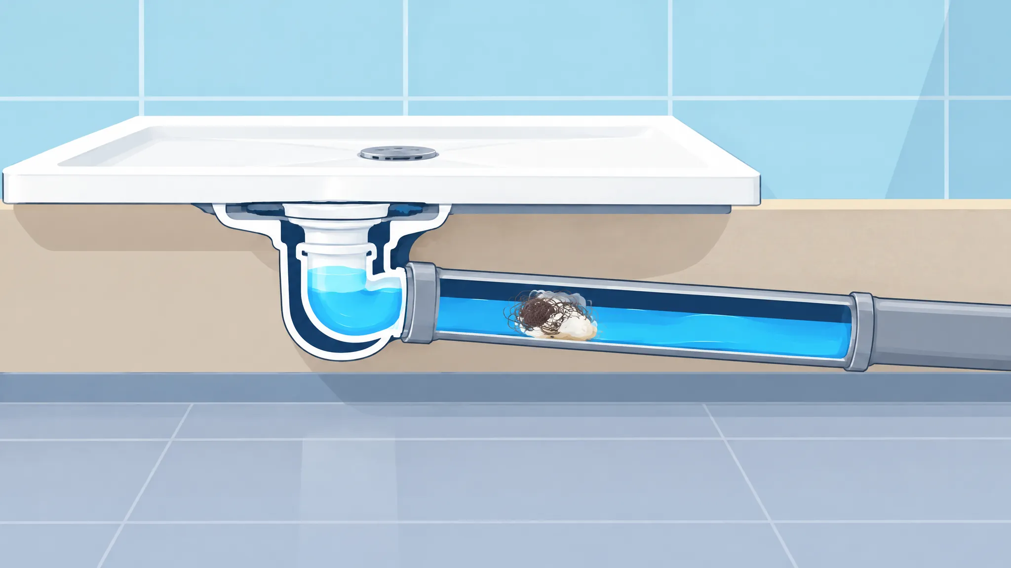 Coupe d’une évacuation de douche montrant la bonde, le siphon et la canalisation, avec les trois zones où se forme un bouchon