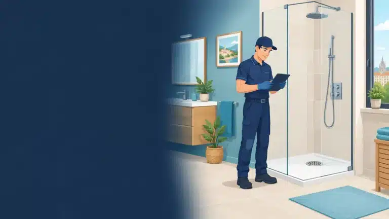 Technicien Proxi-Débouchage observant la bonde d’un receveur de douche pour localiser l’obstruction