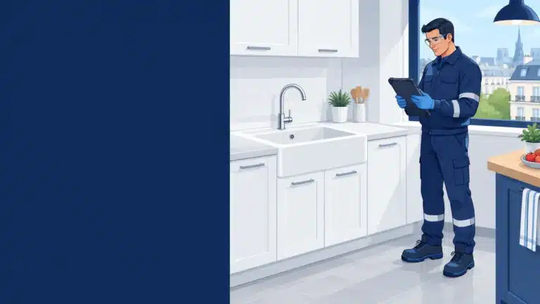 Technicien déboucheur devant un évier de cuisine propre et fonctionnel