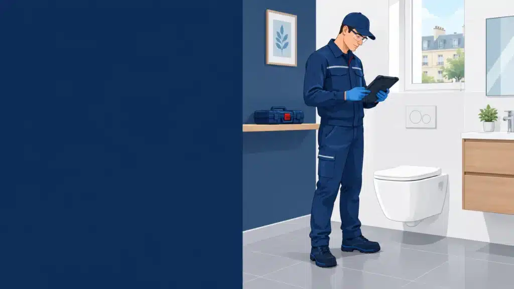 Technicien contrôlant un WC après débouchage