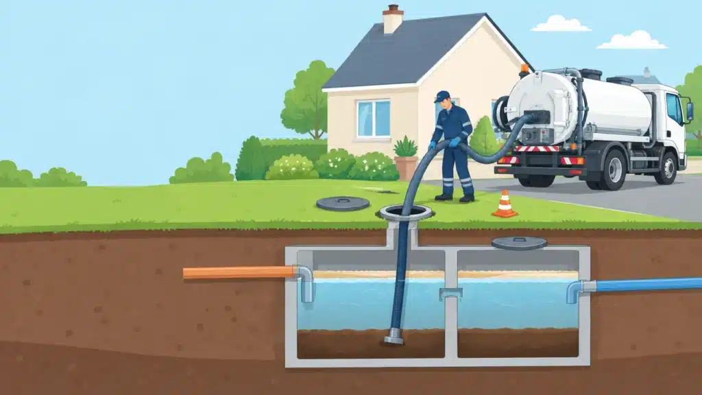 Illustration d’un technicien réalisant la vidange d’une fosse septique avec un camion de pompage