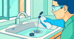 Utilisation prudente d’un déboucheur dans un évier avec gants et lunettes de protection